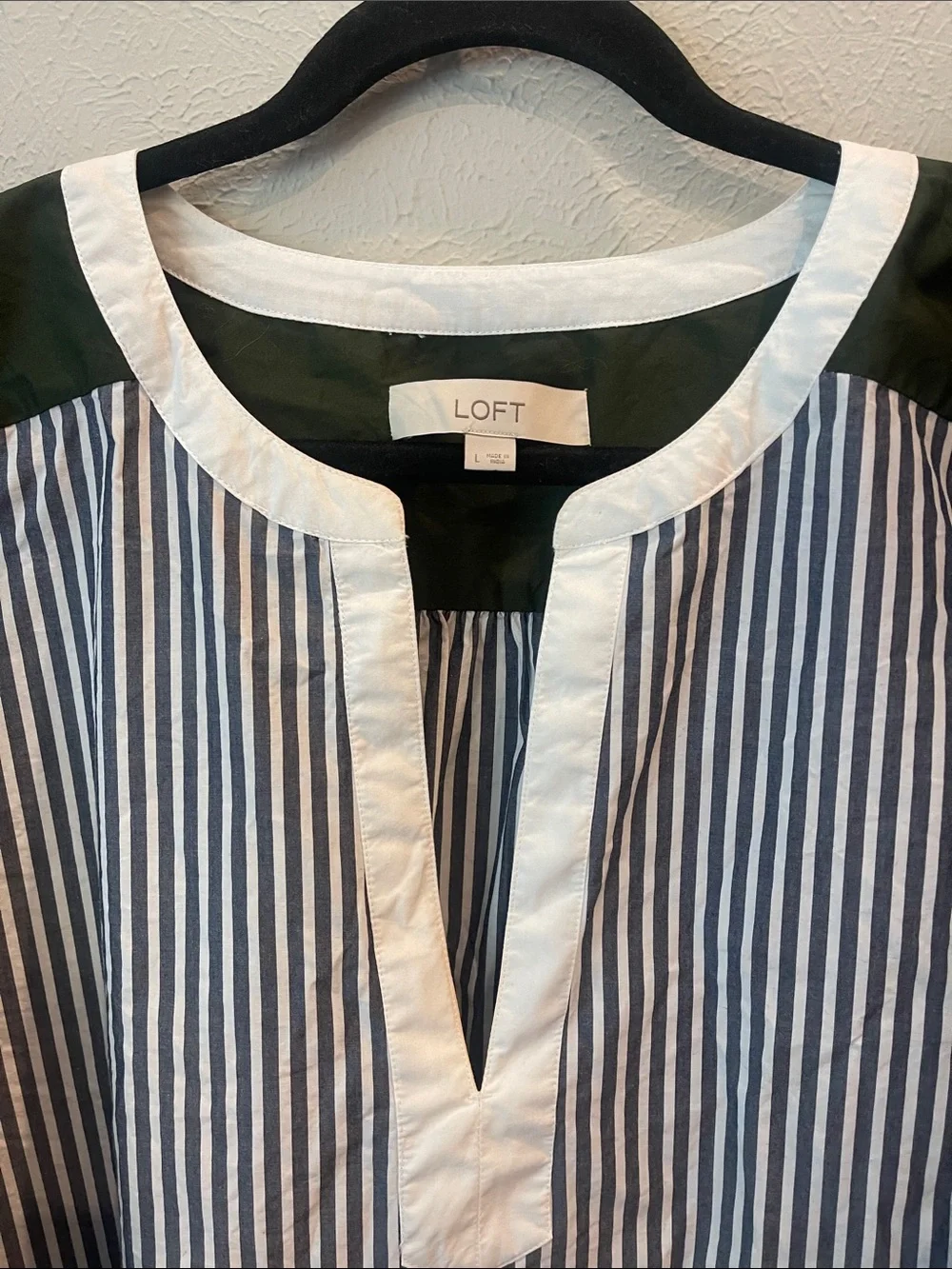 LOFT Grey Stripe Split-Neck top with Olive Yoke. Women’s size large.